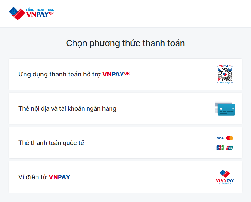 Các phương thức thanh toán ví điện tử VNPAY.